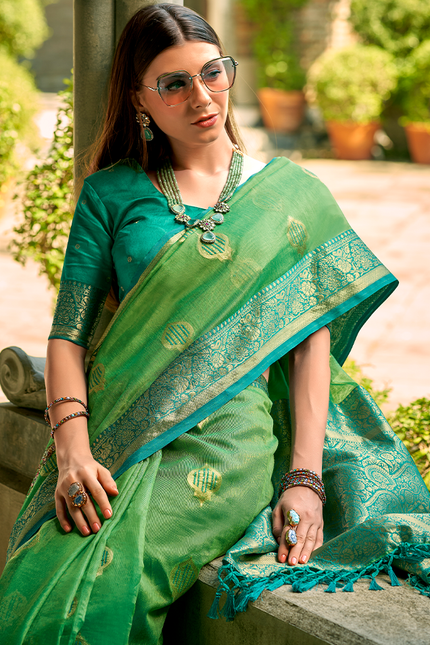 Weaving,Rich Pallu,Tissue Silk Saree (Green)