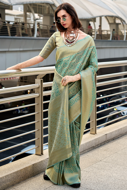 Kanjivaram style, sattin crape silk Saree (Green)