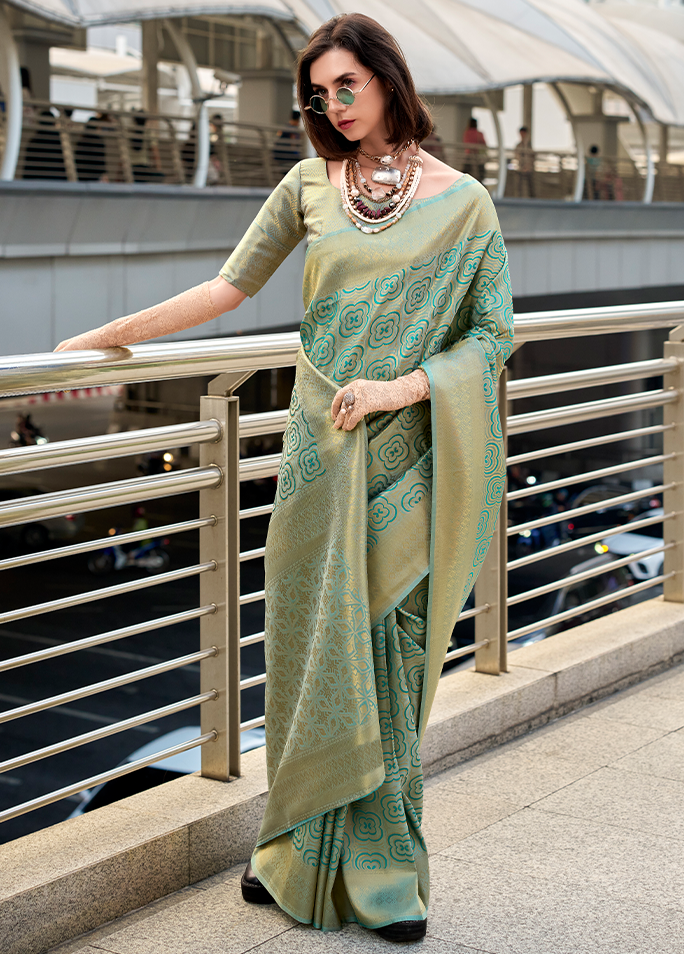 Handloom Kanjivaram Buttery Silk with Zari Weaving (Sage Green)