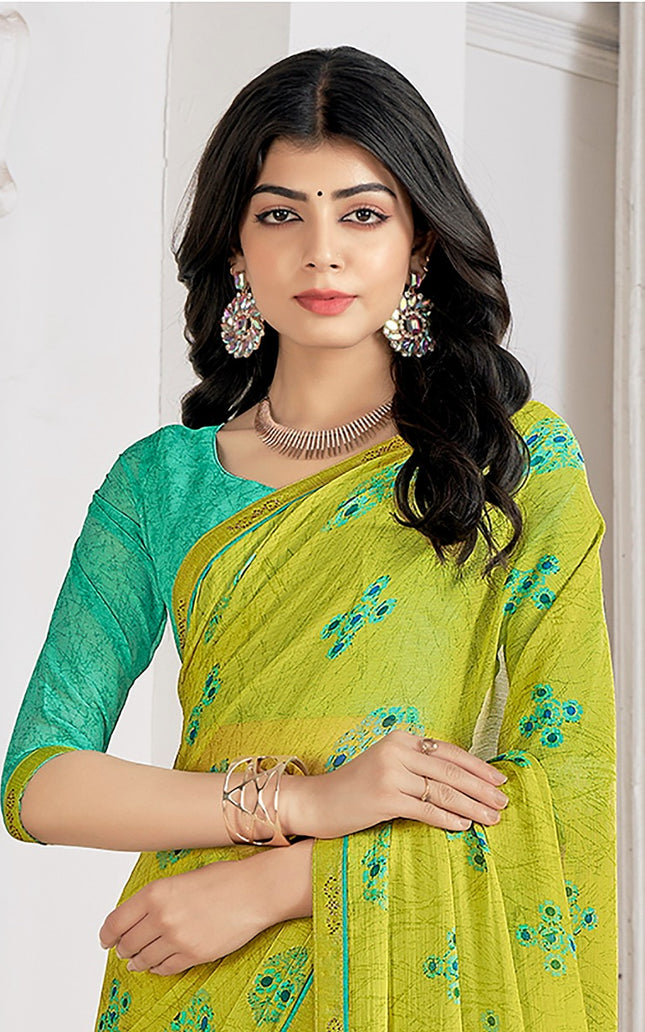 Trendy Self Printed, Chiffon saree With All Over Fancy Printed Butta And Attached Siroski Lace (Lemon)