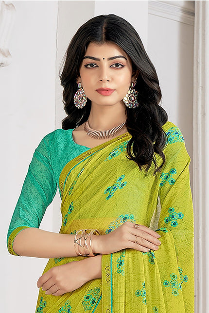 Trendy Self Printed, Chiffon saree With All Over Fancy Printed Butta And Attached Siroski Lace (Lemon)