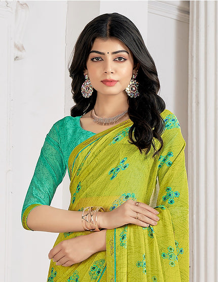 Trendy Self Printed, Chiffon saree With All Over Fancy Printed Butta And Attached Siroski Lace (Lemon)