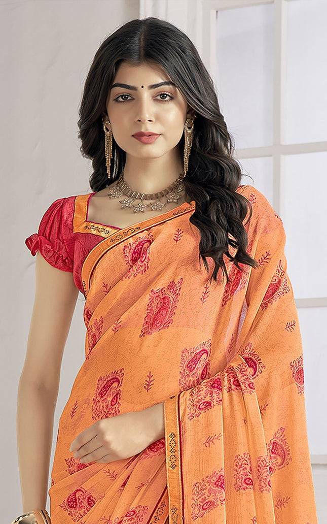 Trendy Self Printed, Chiffon saree With All Over Fancy Printed Butta And Attached Siroski Lace (Orange)