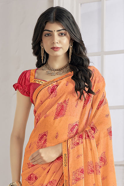 Trendy Self Printed, Chiffon saree With All Over Fancy Printed Butta And Attached Siroski Lace (Orange)