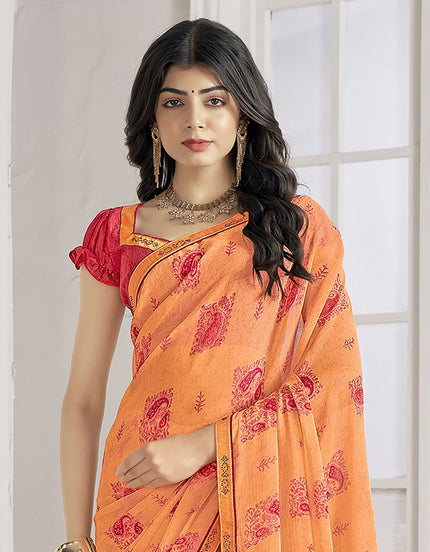 Trendy Self Printed, Chiffon saree With All Over Fancy Printed Butta And Attached Siroski Lace (Orange)