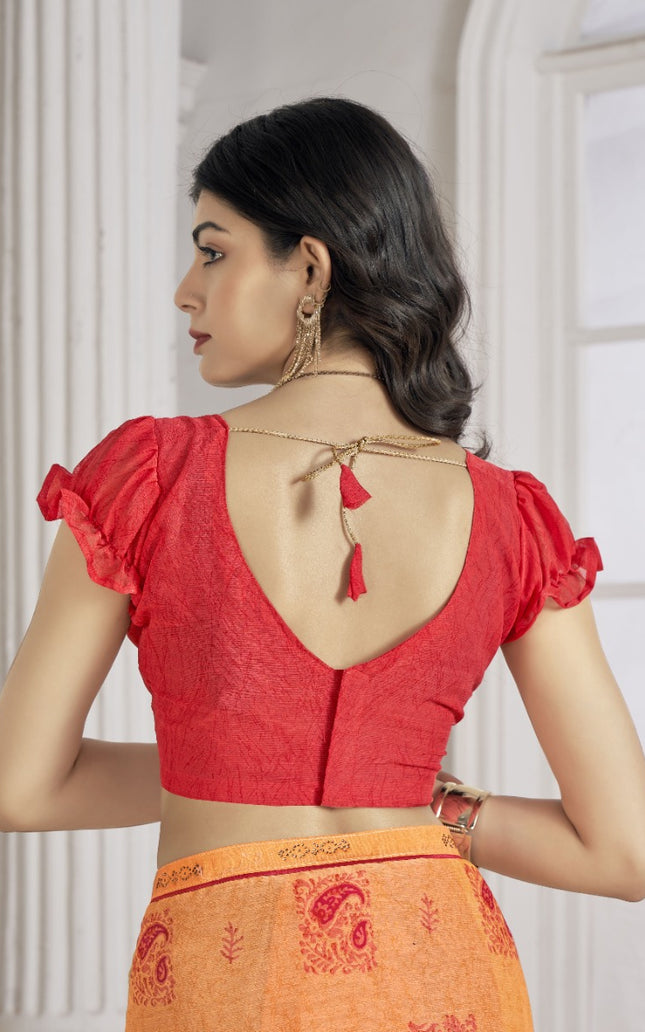 Trendy Self Printed, Chiffon saree With All Over Fancy Printed Butta And Attached Siroski Lace (Orange)
