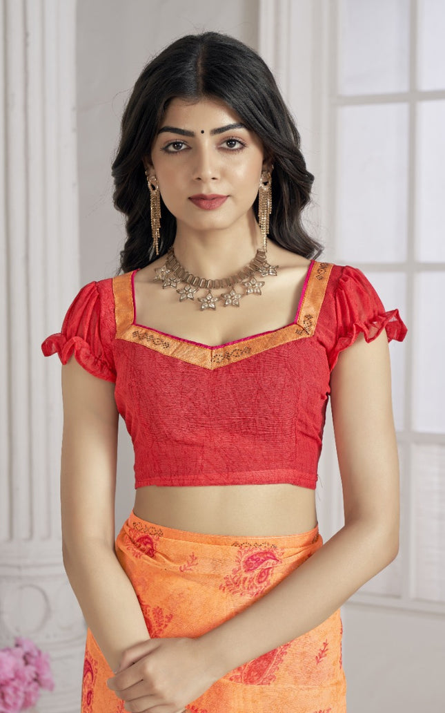 Trendy Self Printed, Chiffon saree With All Over Fancy Printed Butta And Attached Siroski Lace (Orange)