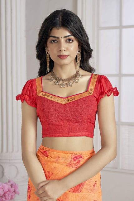 Trendy Self Printed, Chiffon saree With All Over Fancy Printed Butta And Attached Siroski Lace (Orange)