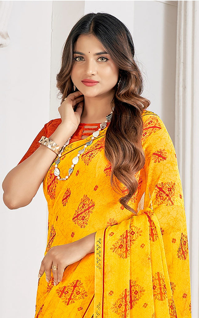 Trendy Self Printed, Chiffon saree With All Over Fancy Printed Butta And Attached Siroski Lace (Yellow)