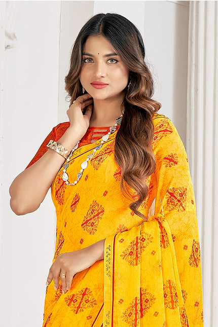 Trendy Self Printed, Chiffon saree With All Over Fancy Printed Butta And Attached Siroski Lace (Yellow)