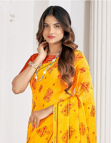 Trendy Self Printed, Chiffon saree With All Over Fancy Printed Butta And Attached Siroski Lace (Yellow)