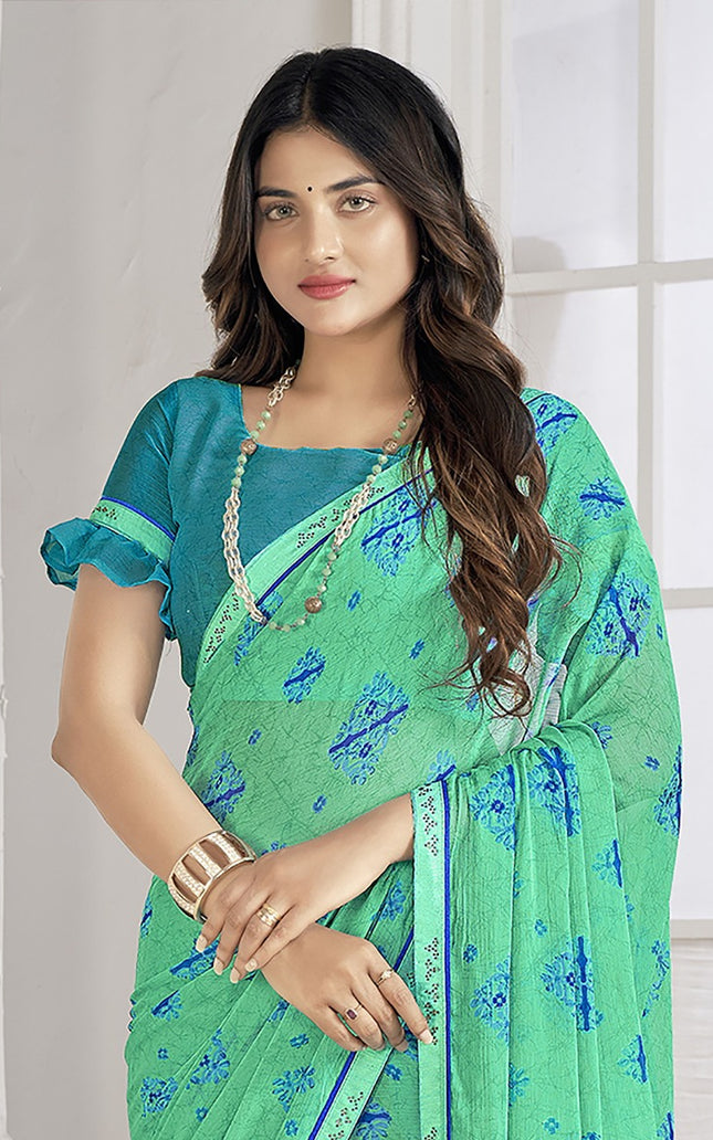 Trendy Self Printed, Chiffon saree With All Over Fancy Printed Butta And Attached Siroski Lace (Rama)