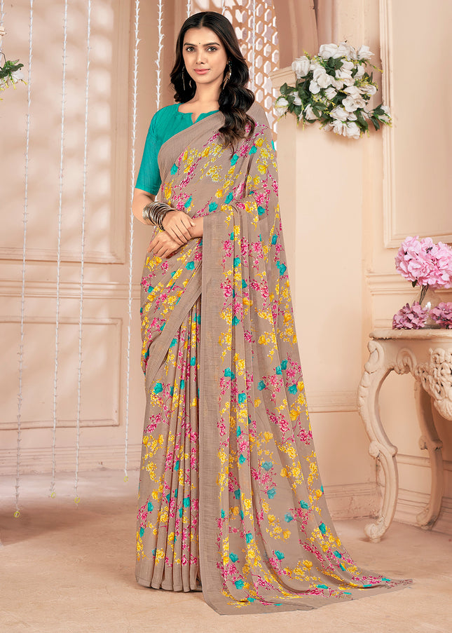 Floral Print Kalamkari Chiffon, Georgette Saree (Multicolor)
