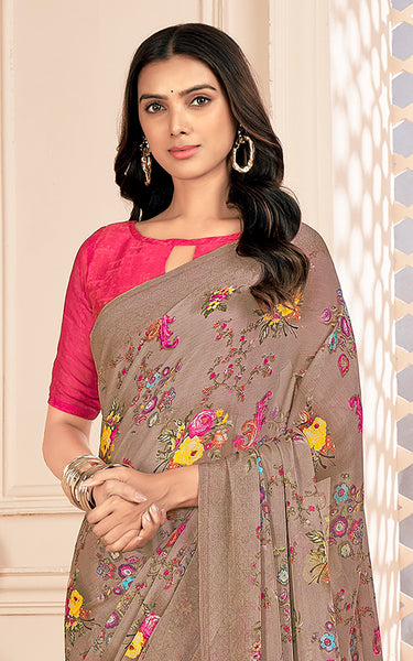 Floral Print Daily Wear Chiffon Saree (Light Brown)