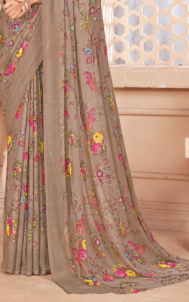 Floral Print Daily Wear Chiffon Saree (Light Brown)