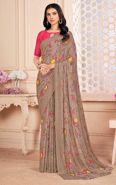 Floral Print Daily Wear Chiffon Saree (Light Brown)