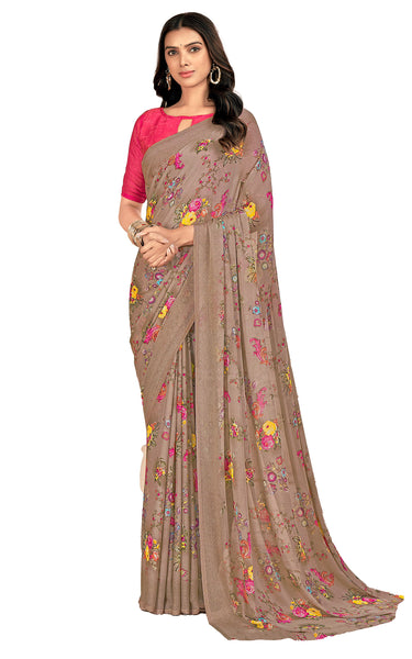 Floral Print Daily Wear Chiffon Saree (Light Brown)