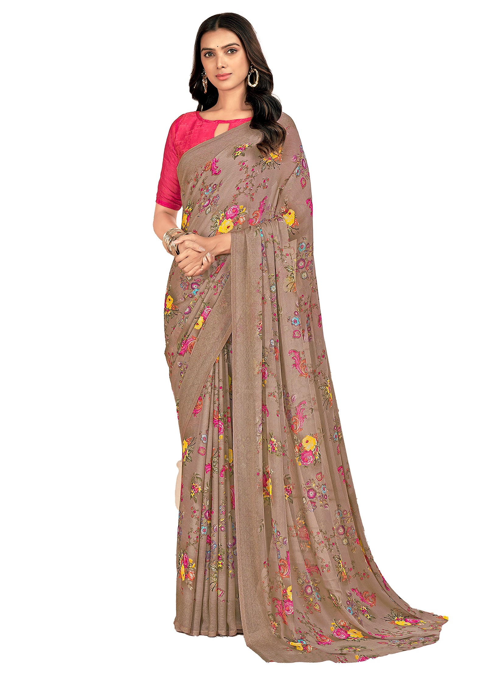 Floral Print Daily Wear Chiffon Saree (Light Brown)