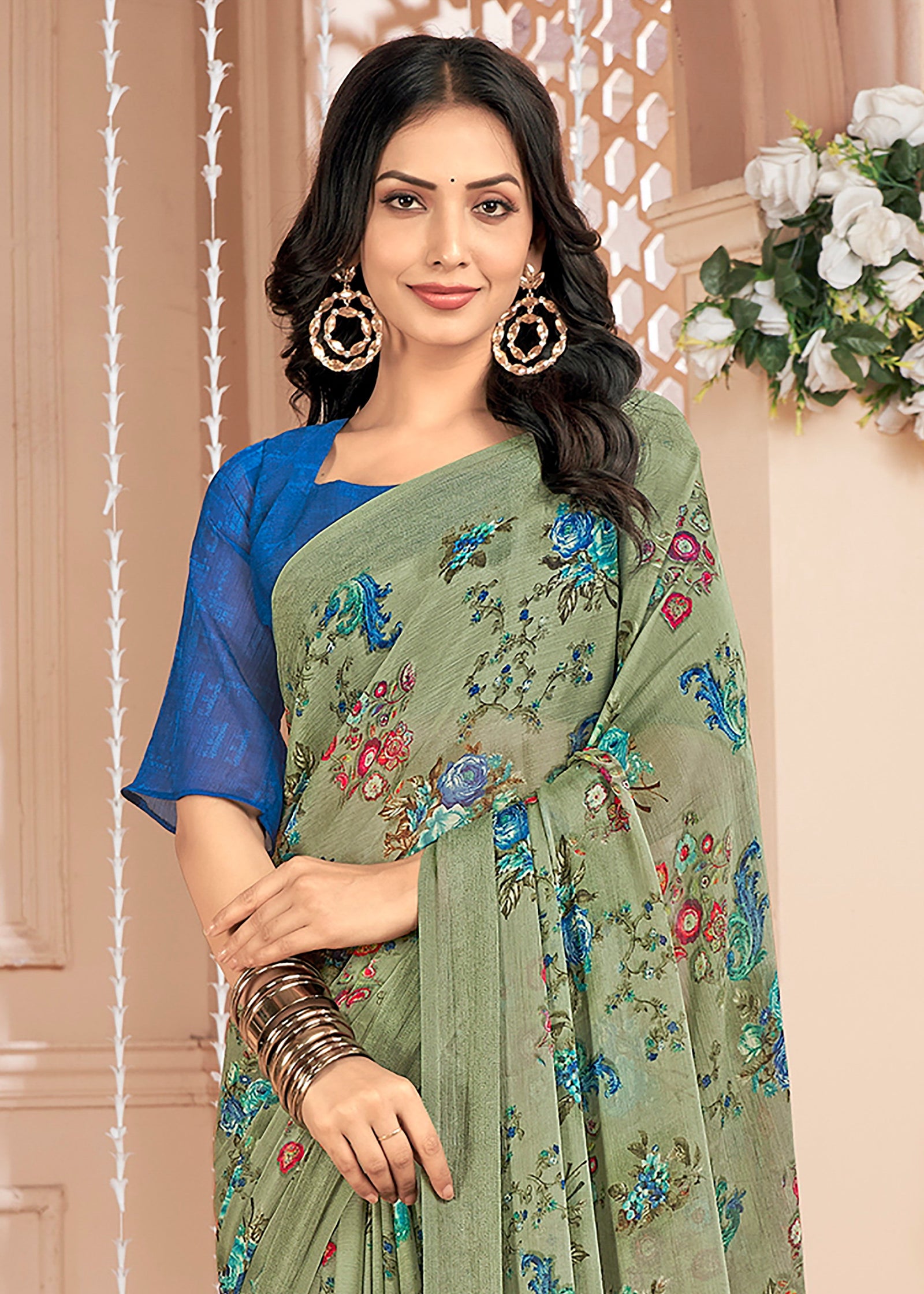 Floral Printed Chiffon Georgette Saree (Sage Green)