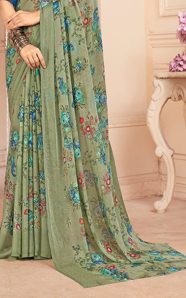 Floral Printed Chiffon Georgette Saree (Sage Green)