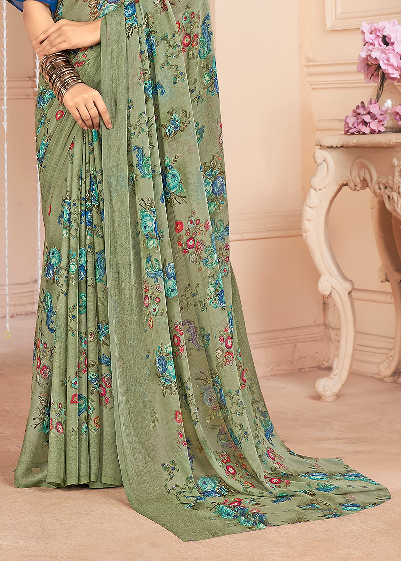 Floral Printed Chiffon Georgette Saree (Sage Green)