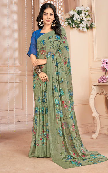 Floral Printed Chiffon Georgette Saree (Sage Green)