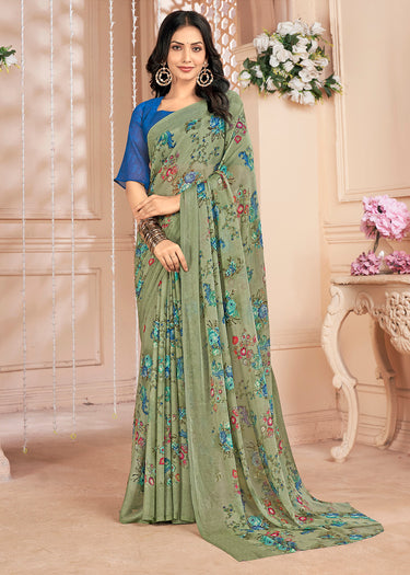 Floral Print, Graphic Print Kalamkari Chiffon, Georgette Saree (Roase Taupe)