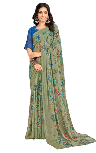 Floral Printed Chiffon Georgette Saree (Sage Green)