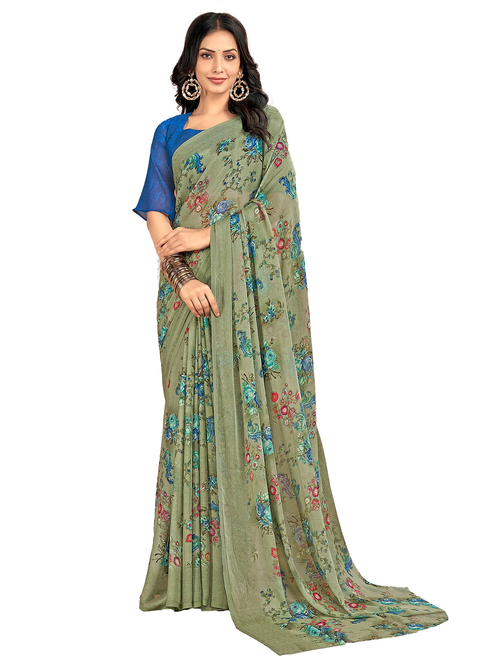 Floral Printed Chiffon Georgette Saree (Sage Green)