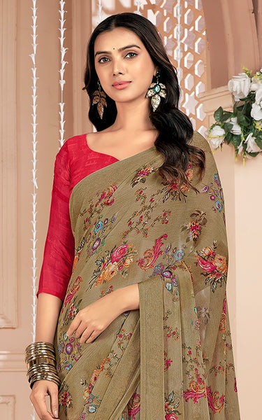 Floral Print, Graphic Print Kalamkari Chiffon, Georgette Saree (Brown Khakhi)