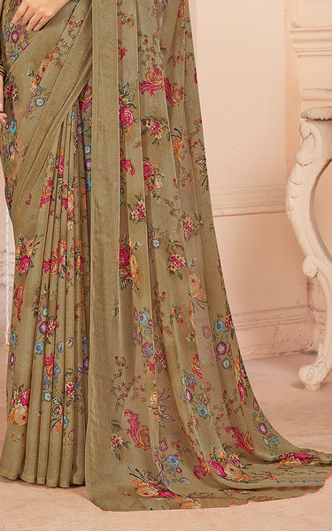 Floral Print, Graphic Print Kalamkari Chiffon, Georgette Saree (Brown Khakhi)