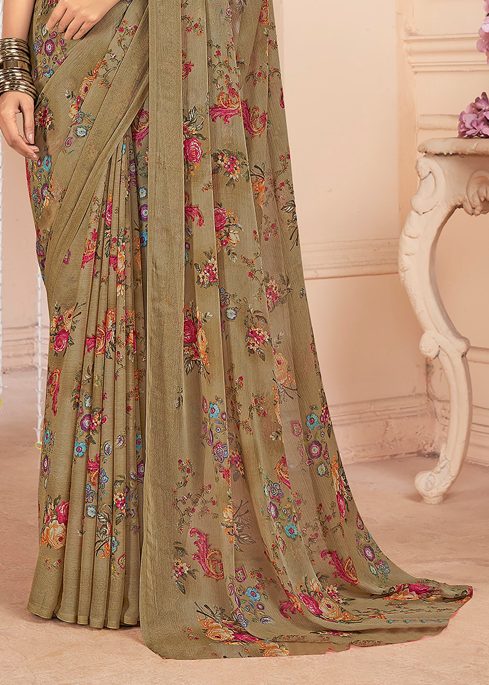 Floral Printed Chiffon Georgette Saree (Camel Brown)
