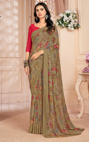 Floral Print, Graphic Print Kalamkari Chiffon, Georgette Saree (Brown Khakhi)