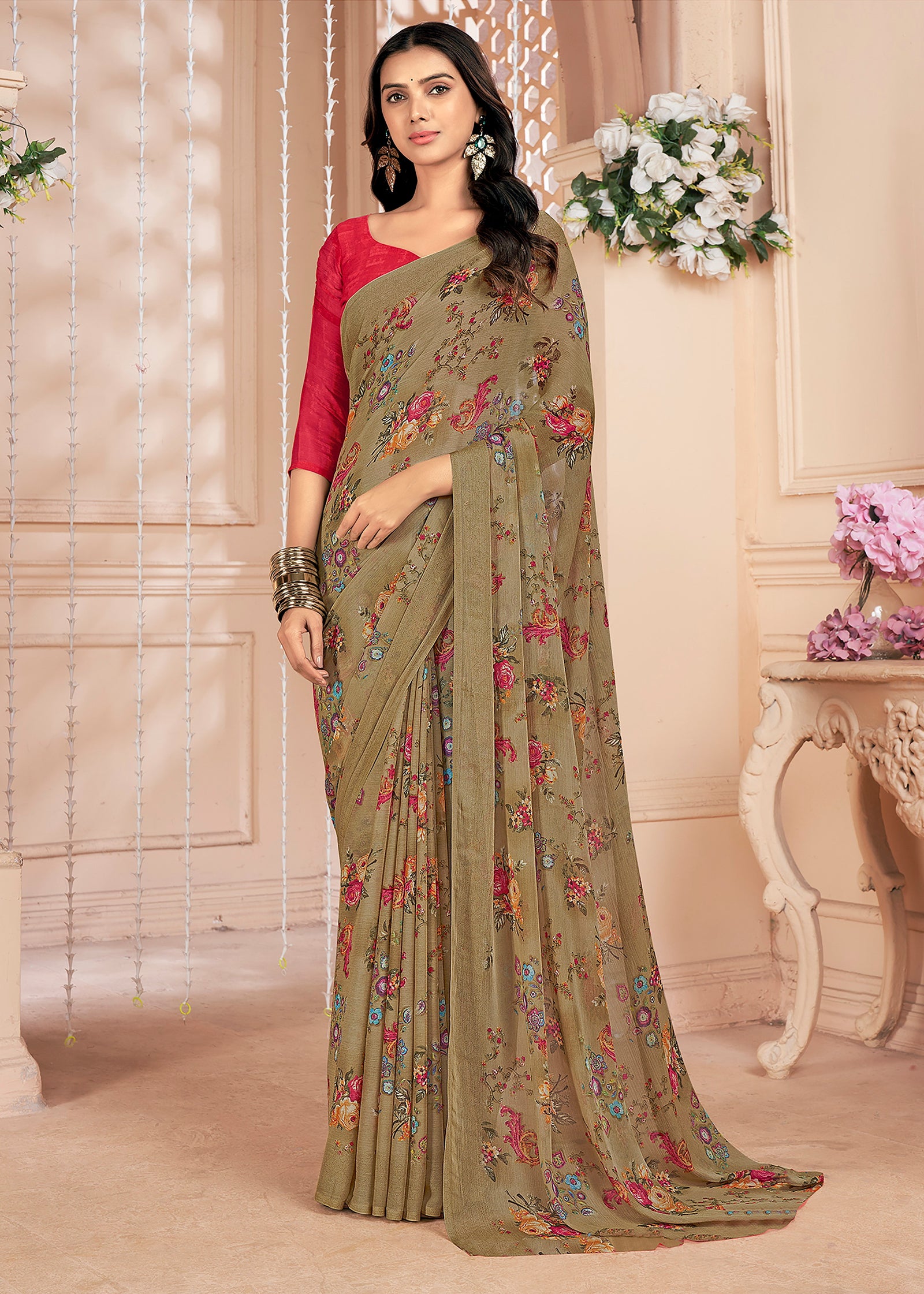 Floral Printed Chiffon Georgette Saree (Camel Brown)