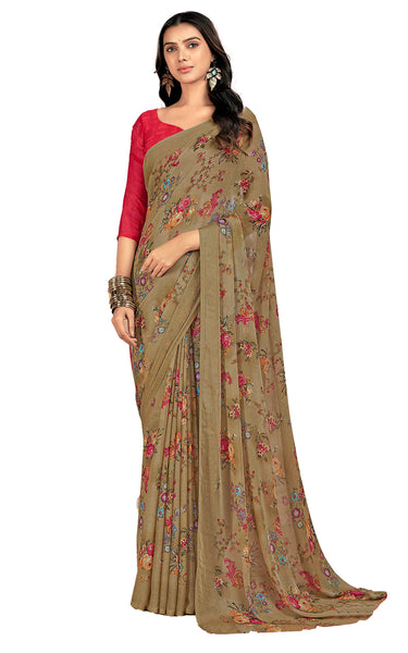 Floral Print, Graphic Print Kalamkari Chiffon, Georgette Saree (Brown Khakhi)