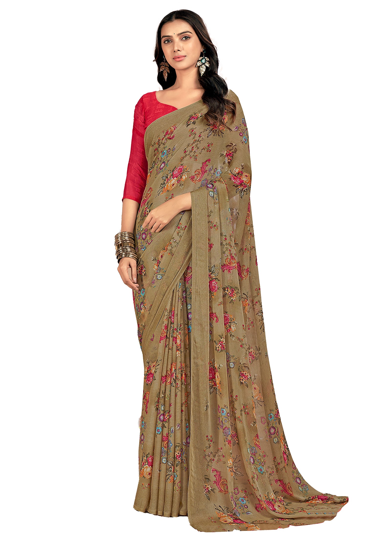 Floral Printed Chiffon Georgette Saree (Camel Brown)