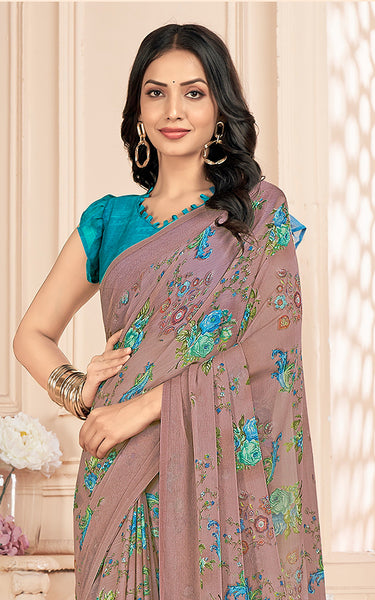 Floral Printed Chiffon Georgette Saree (Rose Taupe)