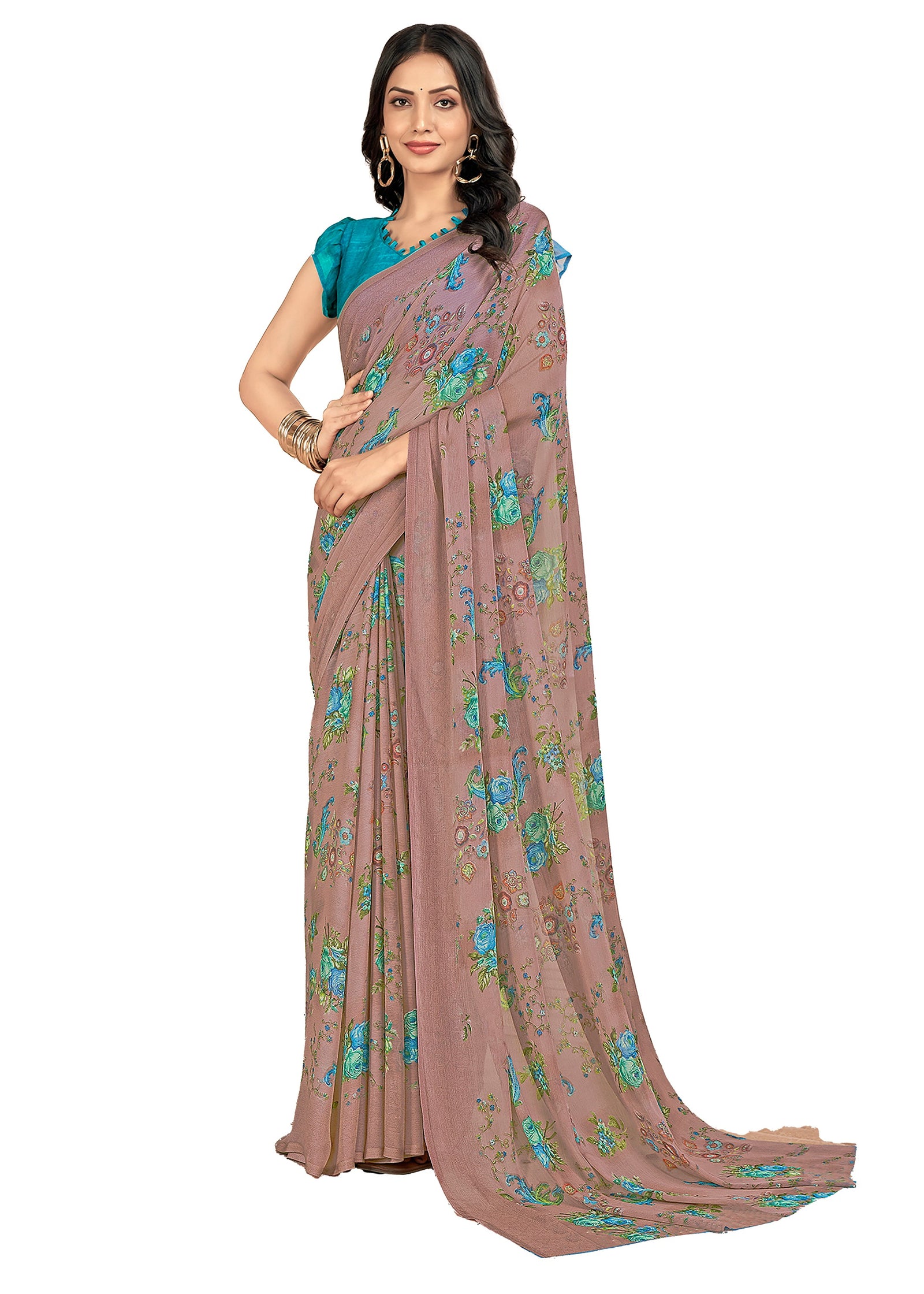 Floral Printed Chiffon Georgette Saree (Rose Taupe)