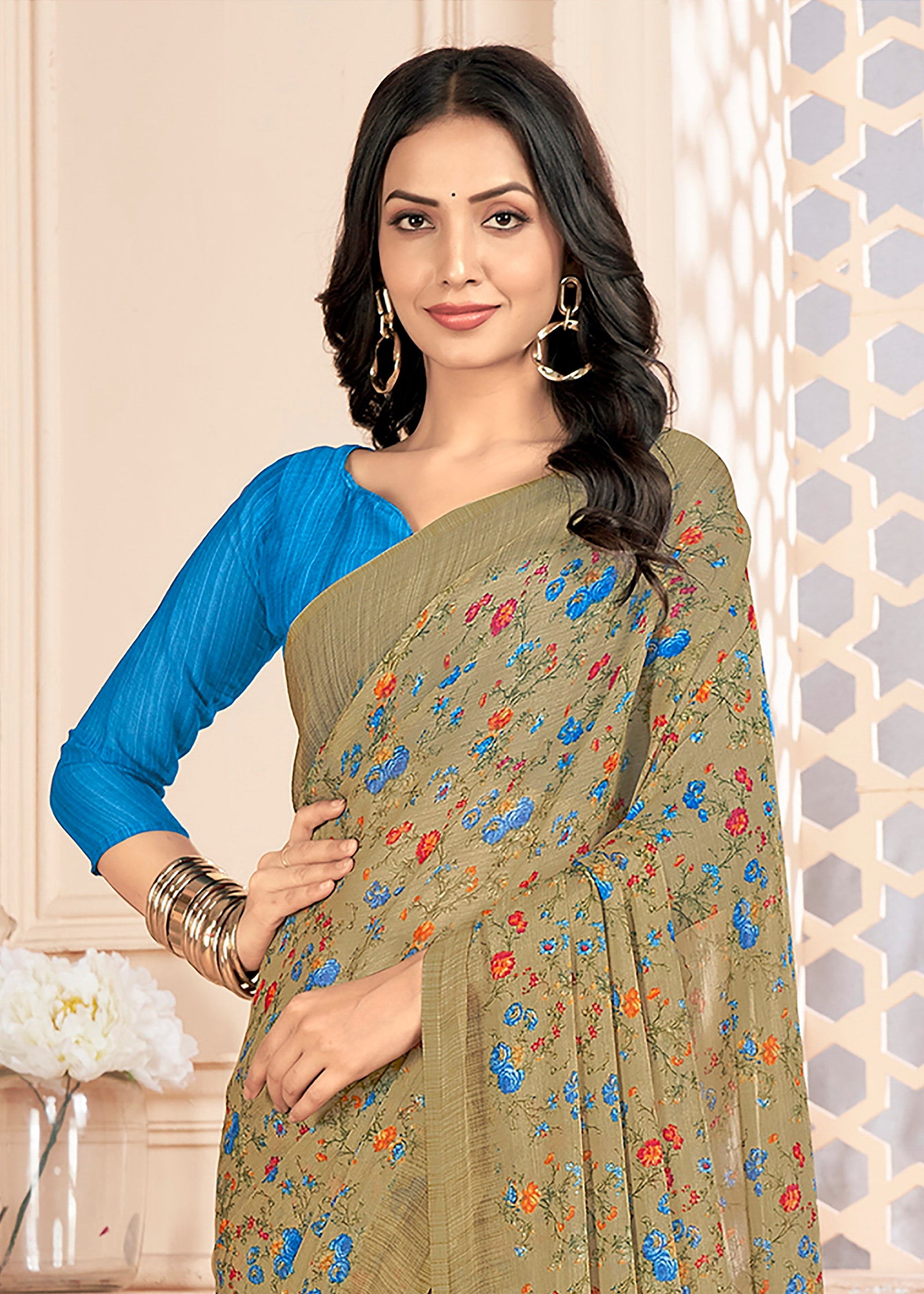 Floral Printed Chiffon Georgette Saree (Chiku)