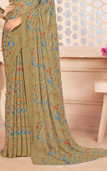 Floral Printed Chiffon Georgette Saree (Chiku)