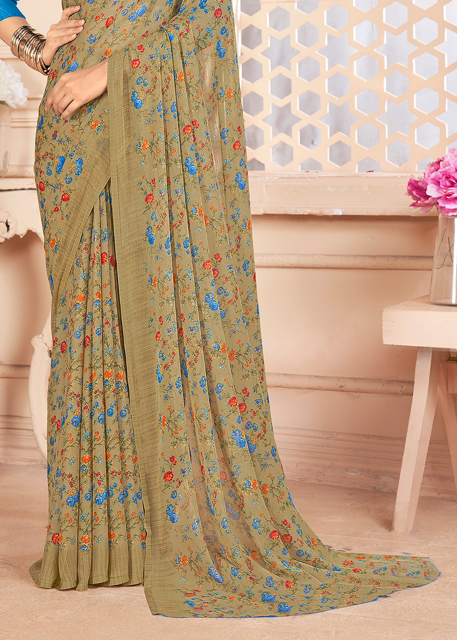 Floral Printed Chiffon Georgette Saree (Chiku)