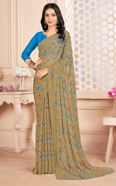 Floral Printed Chiffon Georgette Saree (Chiku)