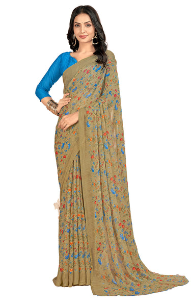 Floral Printed Chiffon Georgette Saree (Chiku)