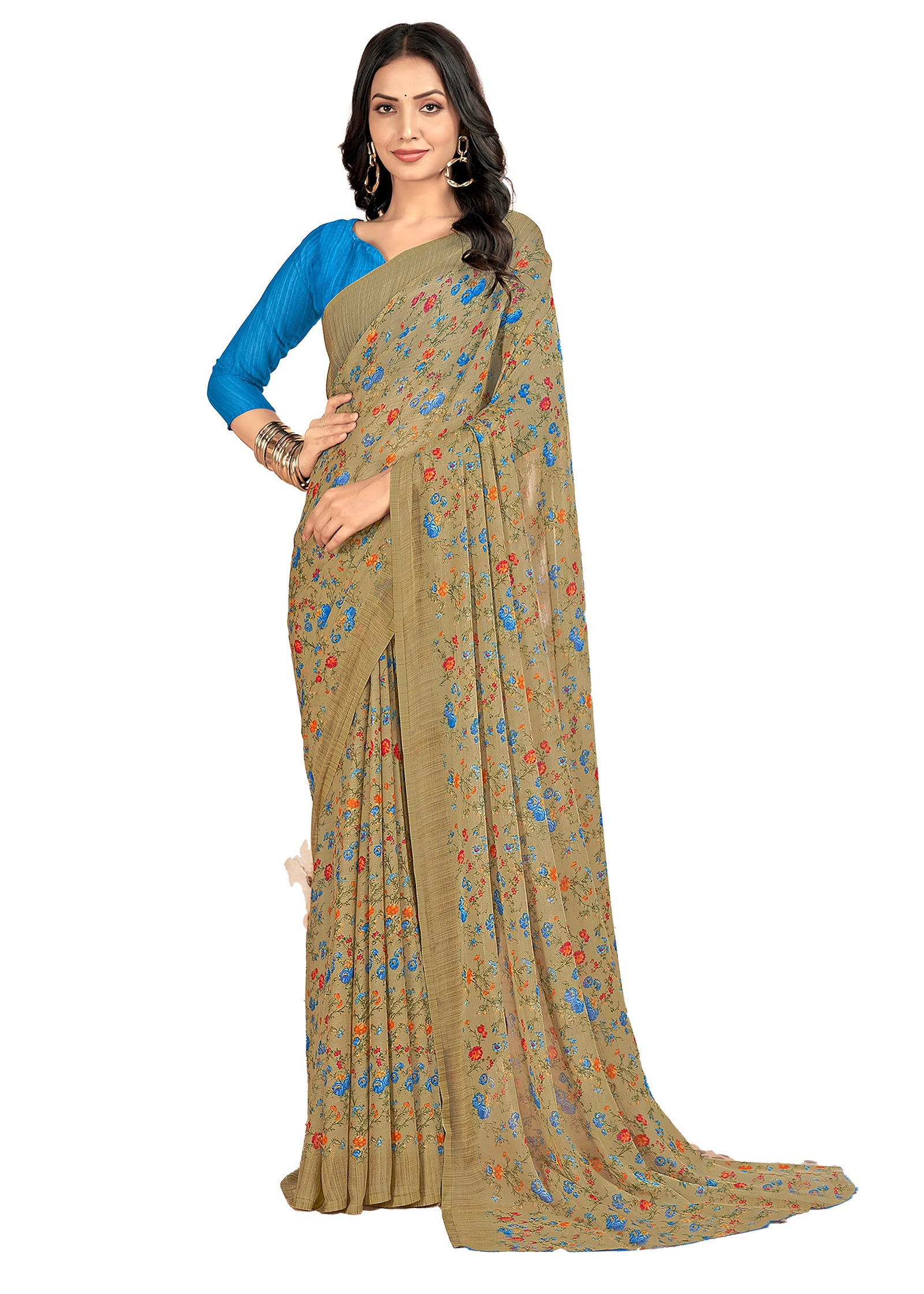 Floral Printed Chiffon Georgette Saree (Chiku)