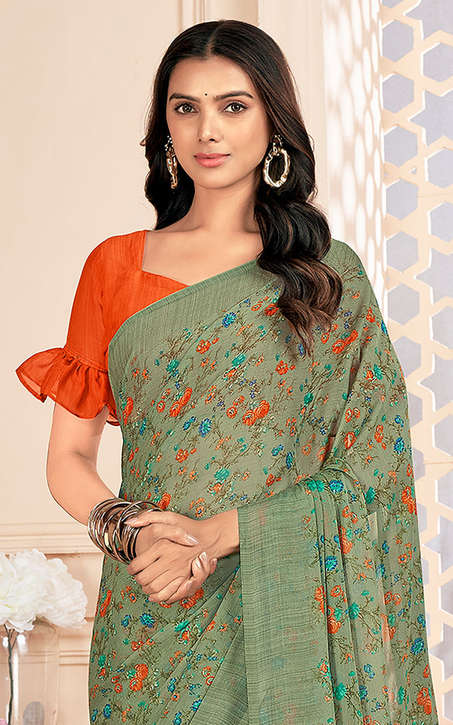 Floral Print, Graphic Print Kalamkari Chiffon, Georgette Saree (Olive Green)