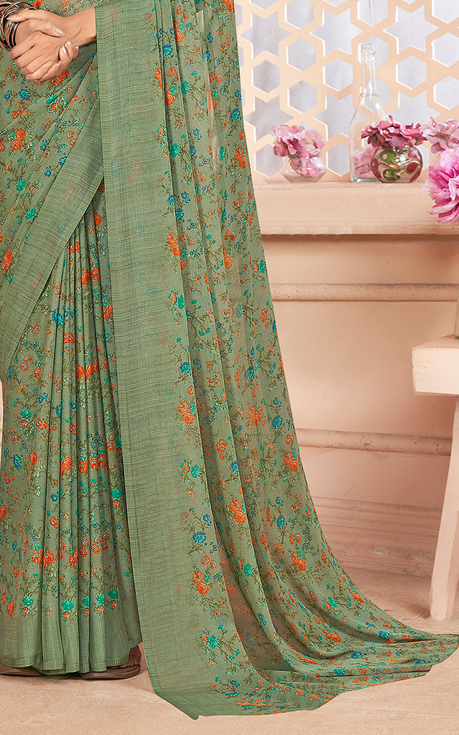 Floral Print, Graphic Print Kalamkari Chiffon, Georgette Saree (Olive Green)