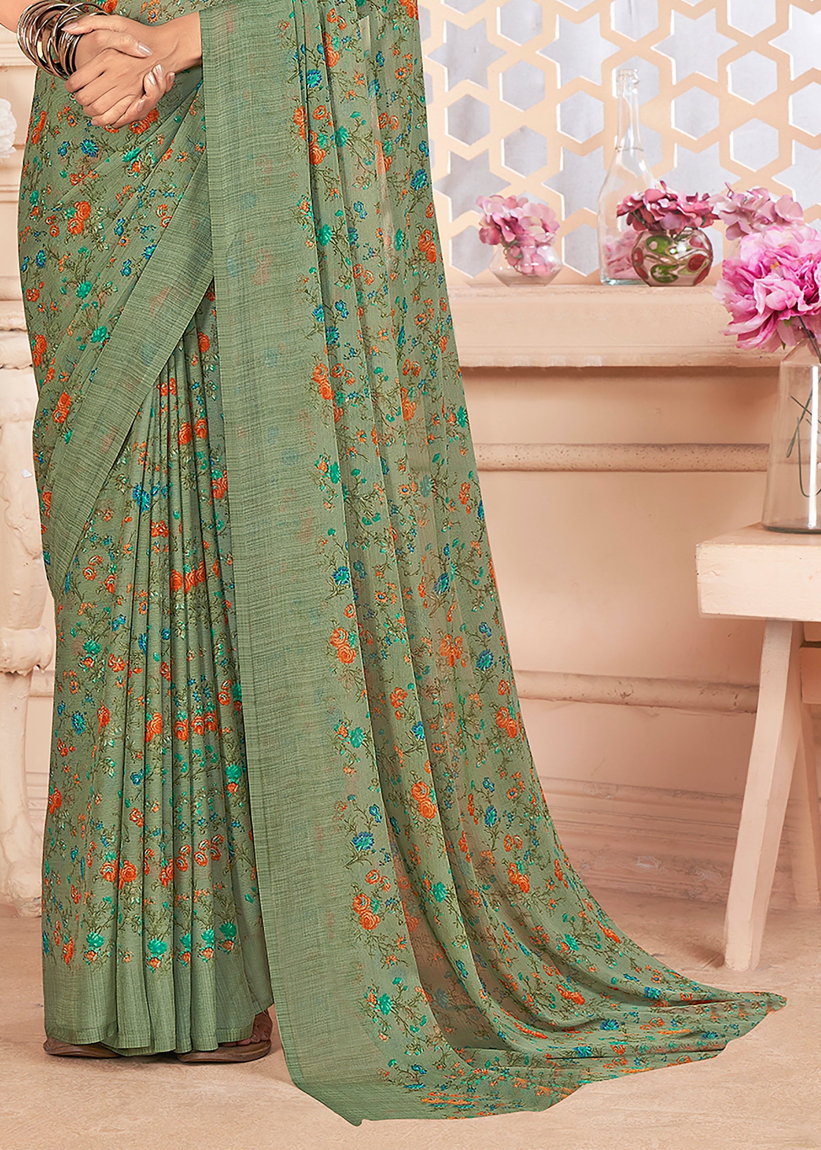 Bollywood Printed Chiffon Georgette Saree (Olive Green)