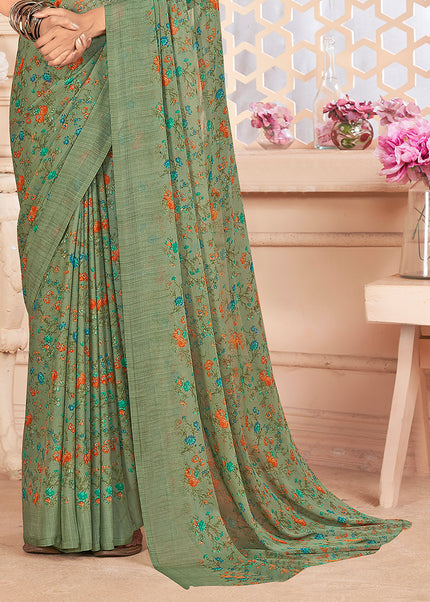 Printed Bollywood Chiffon, Georgette Saree (Olive Green)