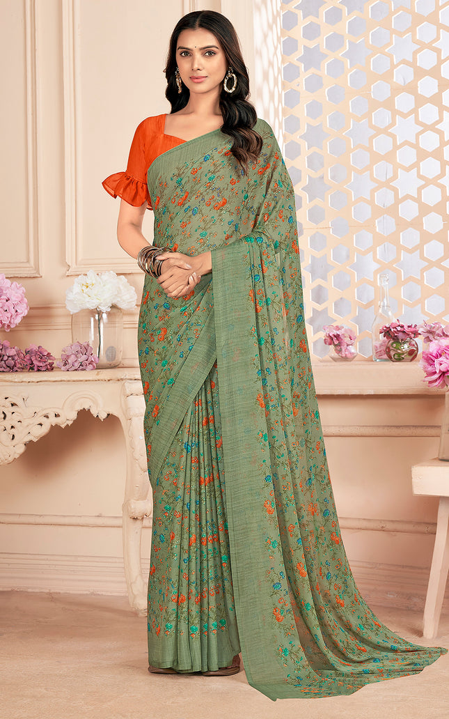 Floral Print, Graphic Print Kalamkari Chiffon, Georgette Saree (Olive Green)