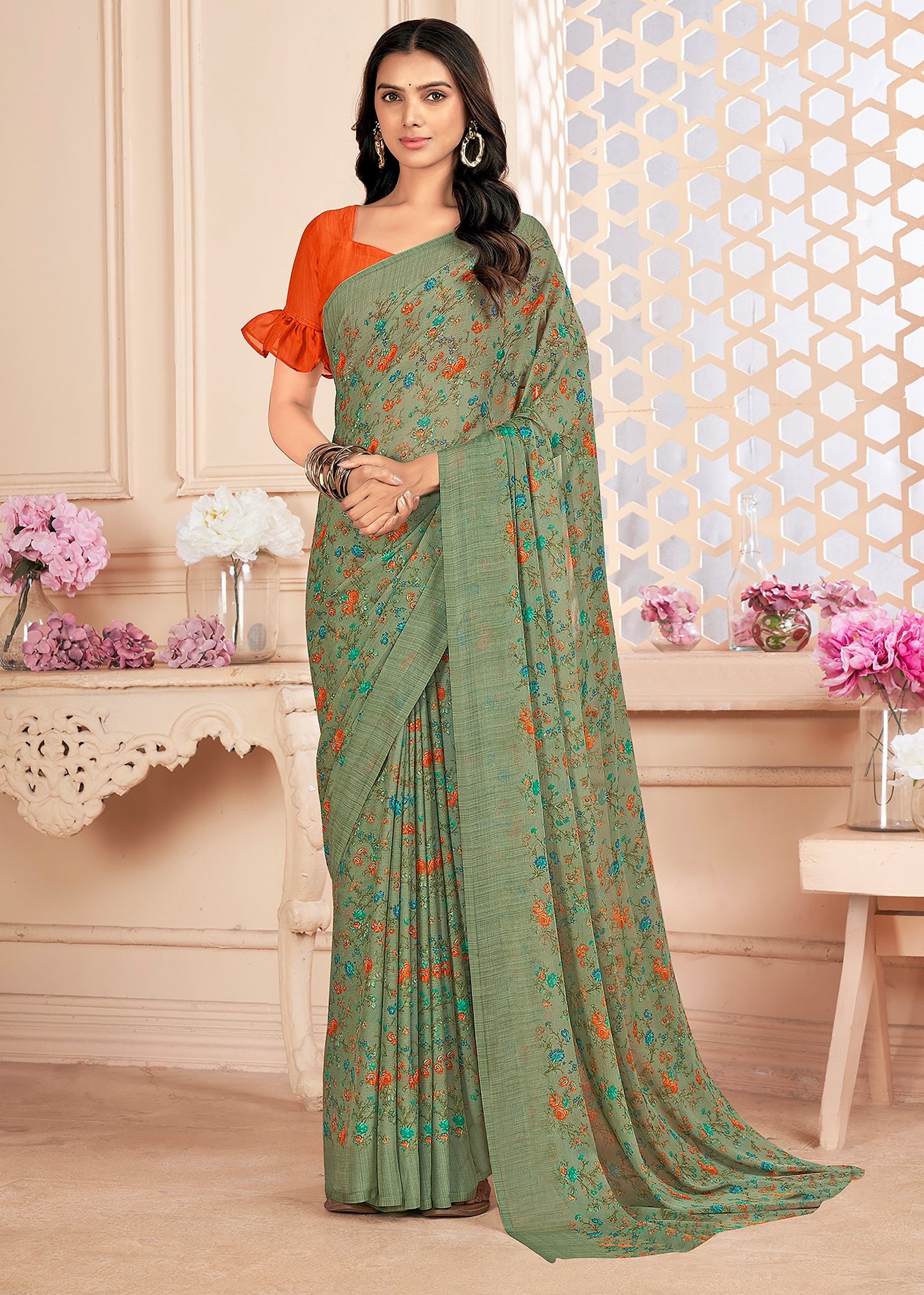Bollywood Printed Chiffon Georgette Saree (Olive Green)